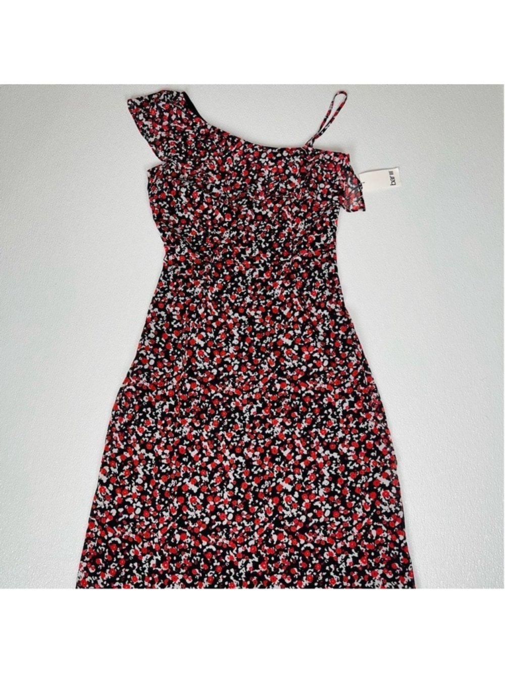 Bar III Modern Ditsy Printed Asymmetric Ruffle Sheath Dress Black/Red Size 0